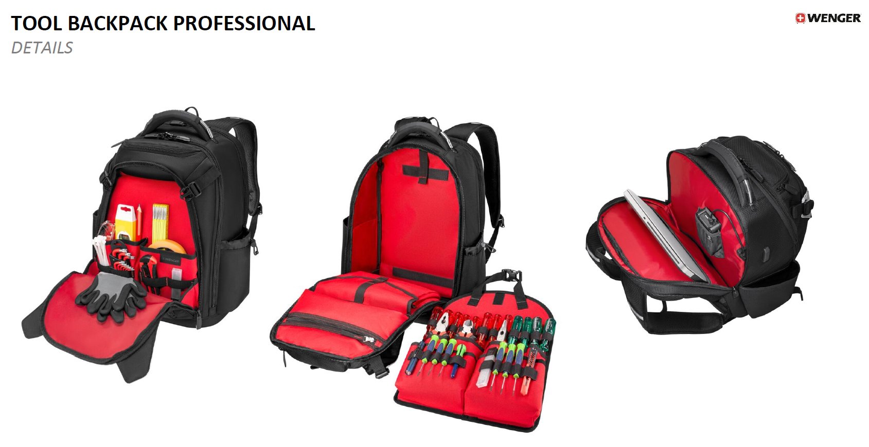 Tool Backpack Pro – Innenleben offen mit Werkzeugtrage und Laptop