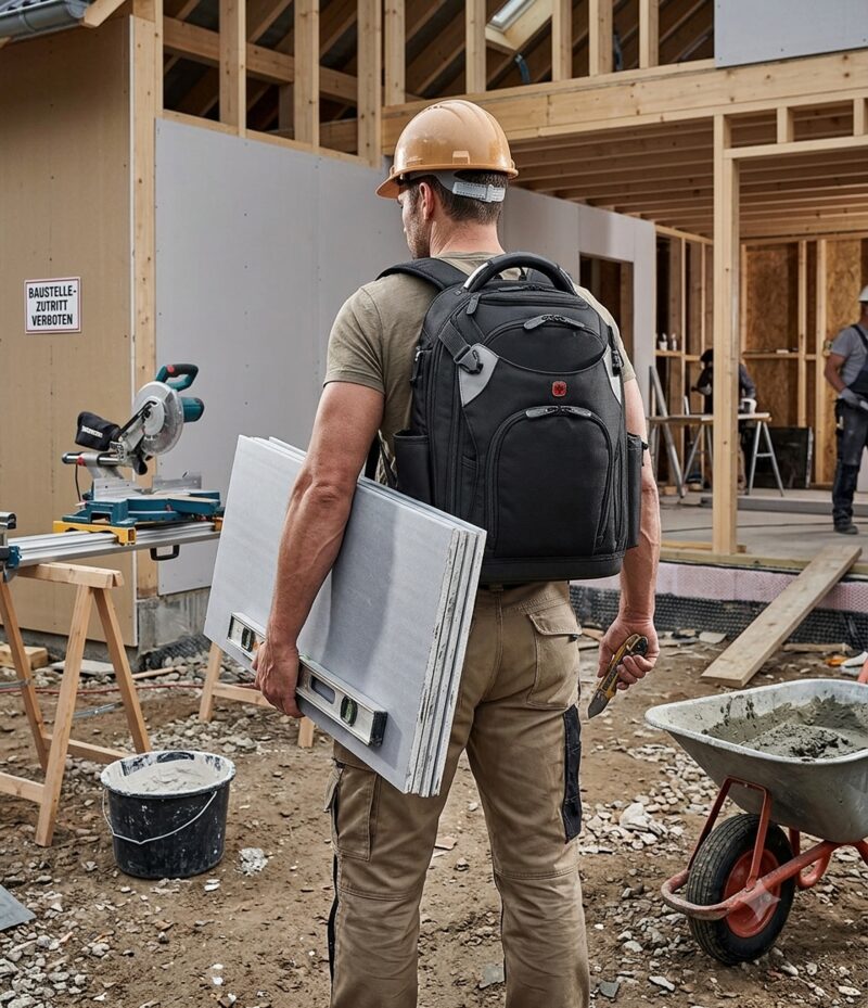 Handwerker mit Wenger Tool Backpack Advanced auf der Baustelle