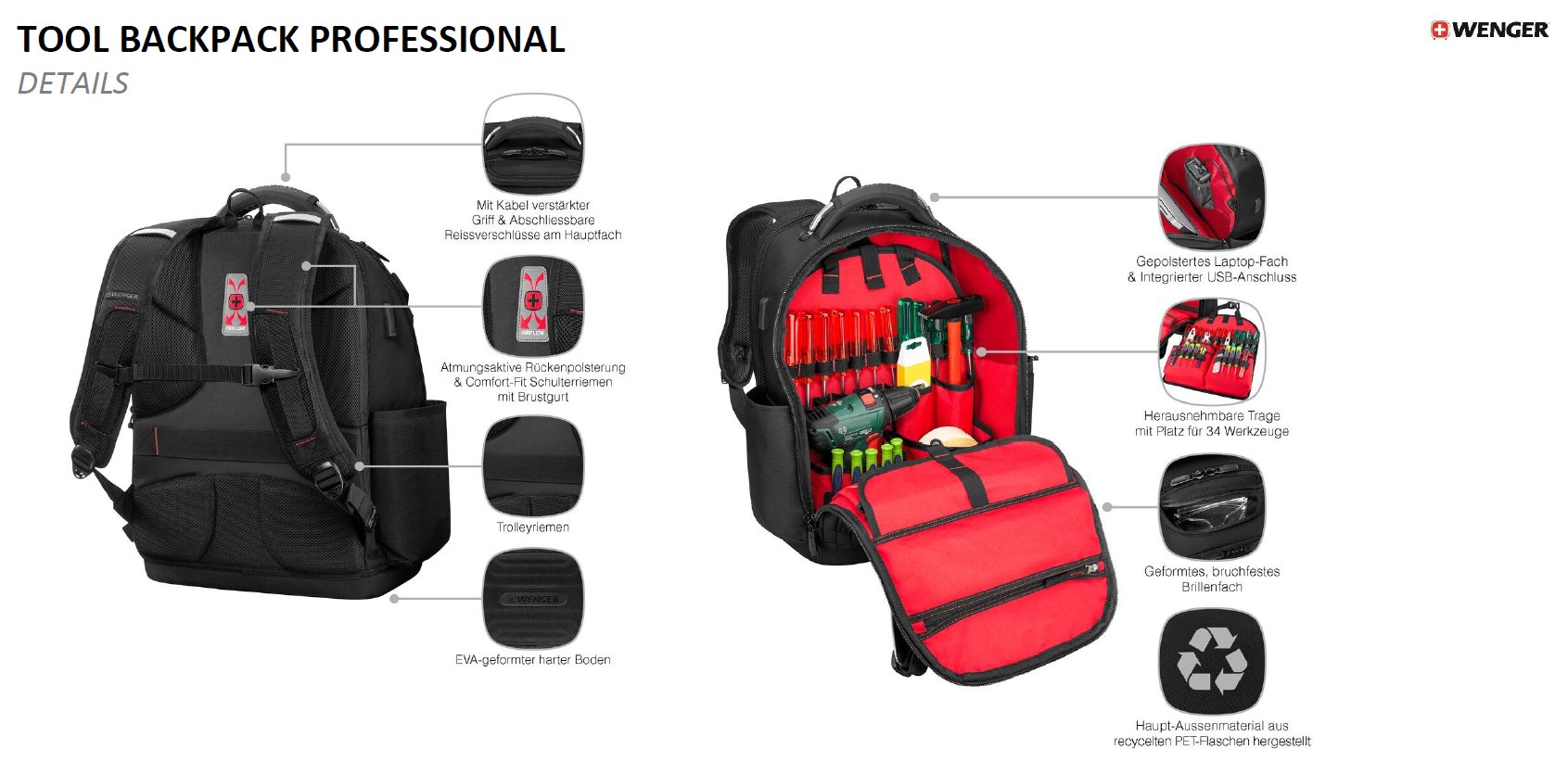 Tool Backpack Pro – Details: Kabel-verstärkter Griff, abschließbare Reißverschlüsse, atmungsaktive Rückenpolsterung, Comfort-Fit Schulterriemen, Trolleyriemen, EVA-geformter Boden, Laptop-Fach, USB-Anschluss, Werkzeugtrage, Brillenfach, recyceltes Material